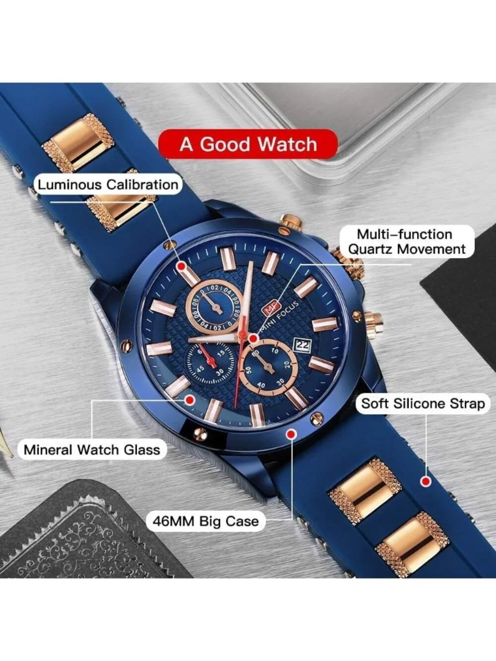 Men Rose Gold And Blue Analog Quartz Waterproof Chronograph Stylish Casual Watch
